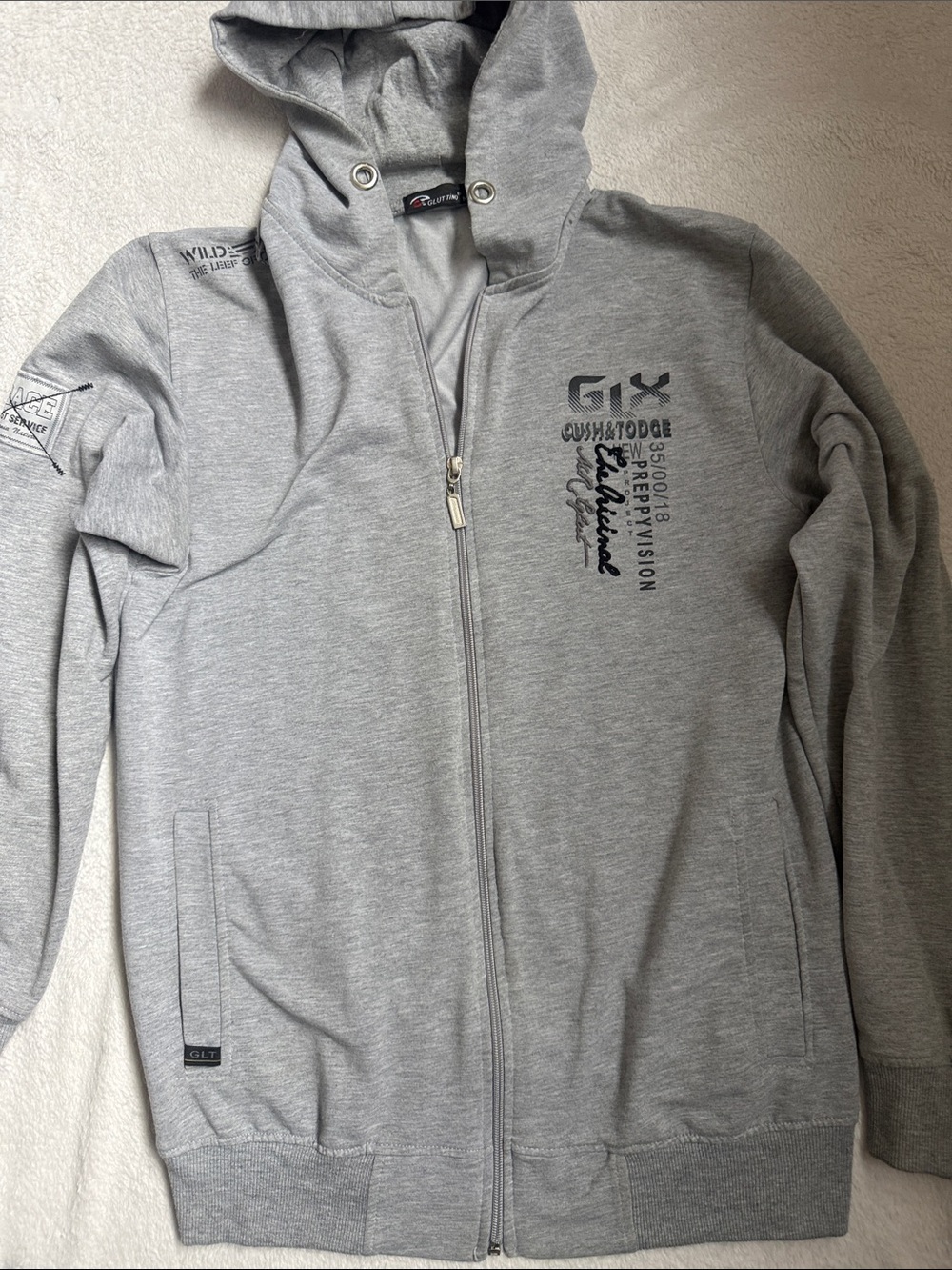 Gray Graphic Zip-Up Hoodie with Chest Logo